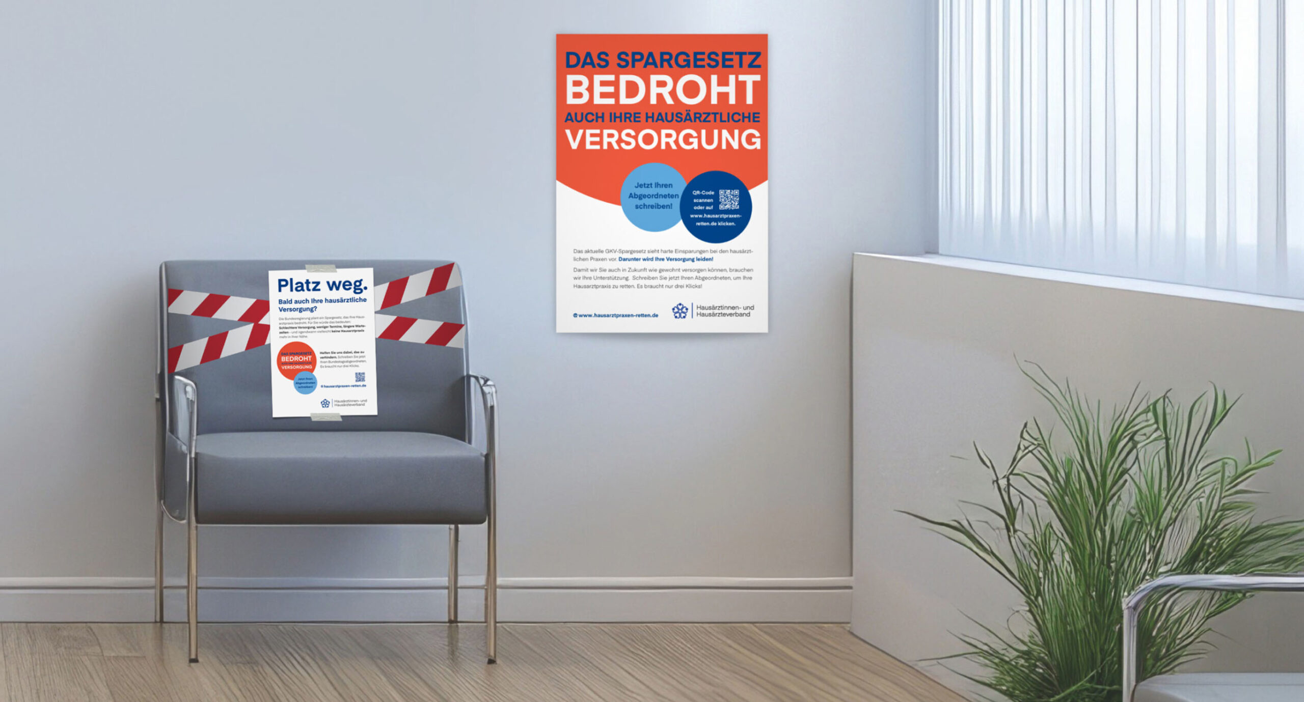 Hausärztlicher Protest gegen das GKV-Spargesetz: Stuhl im Wartezimmer ist gestrichen.
